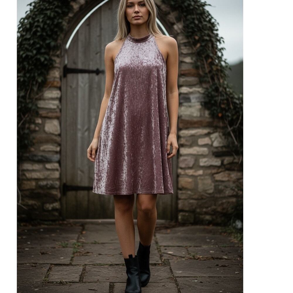 i.JOAH Mini Tent Dress Pink Velour Sleeveless SZ SM USA High Neck Boho Fairy